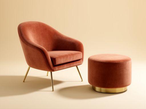 Terracotta velvet armchair with ottoman