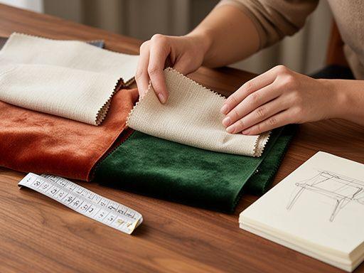 Fabric swatches on a walnut consultation table