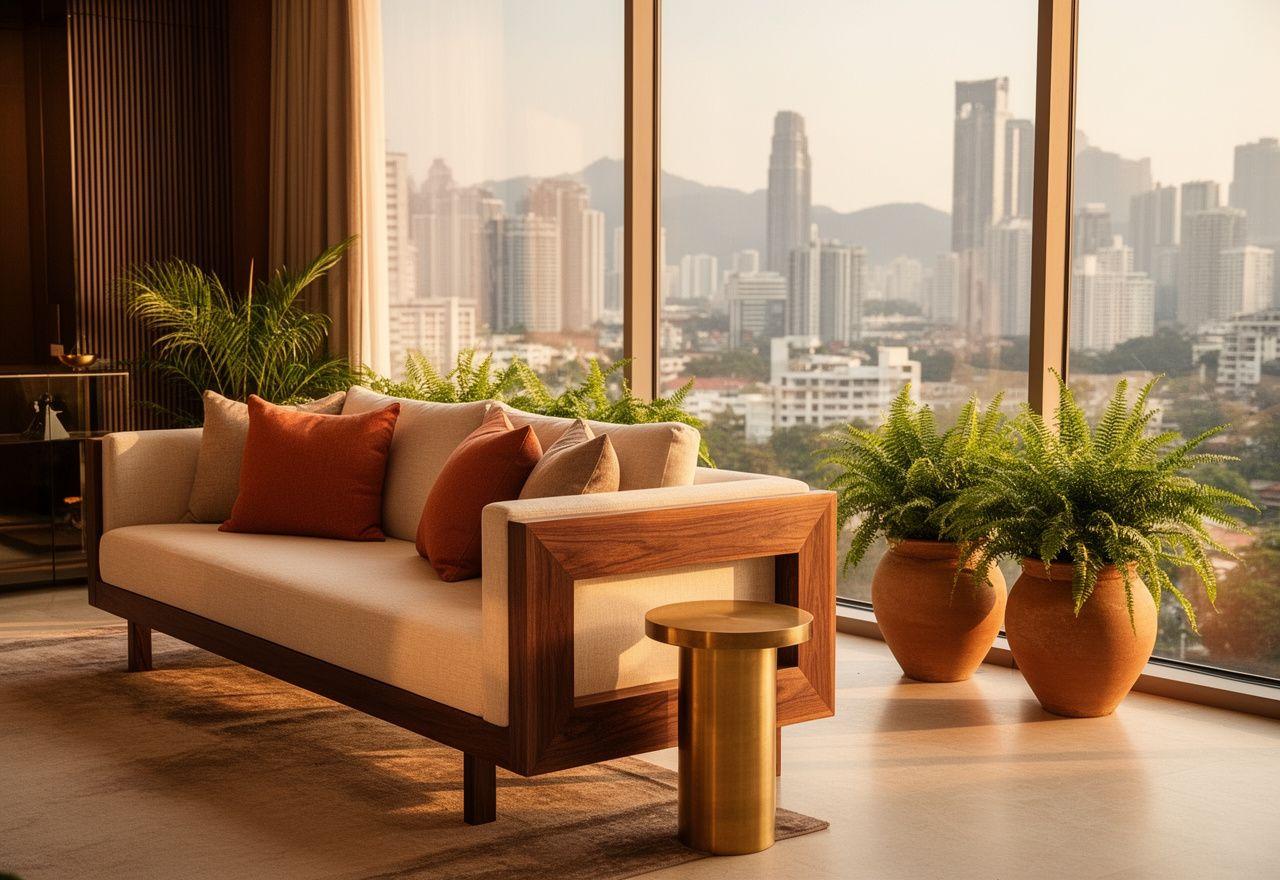 Custom walnut sofa in a Kuala Lumpur living room with brass accents and linen cushions