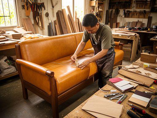 Master upholsterer working on tan leather sofa in the Selangor workshop